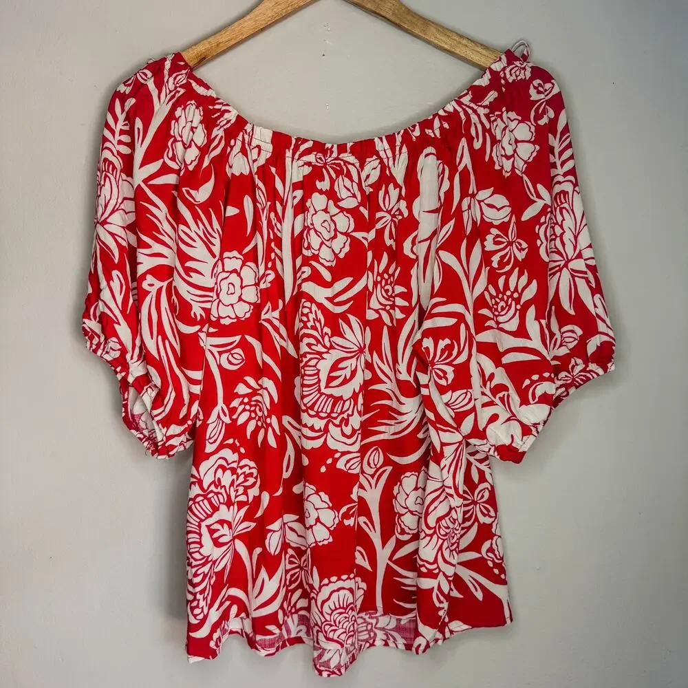 Knox Rose Red White Floral 2pc Set Off Shoulder Top & Midi Skirt Size M